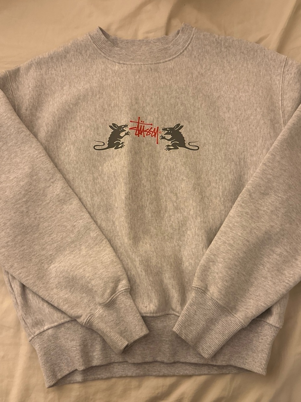 Stussy Gray Crewneck Sweatshirt with Red Logo and Black Rat Graphics
